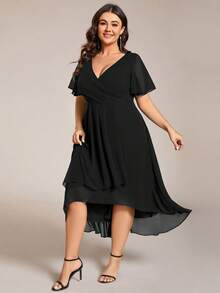 EVERPRETTY Chiffon Ruffle Sleeve V-Neck High-Low Hem Black Bridesmaid Dress, Summer Wedding Guest Vacation Dress - Black - View 4