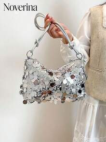1pc Gold-Tone Glittery Crescent Moon Shape PVC Shoulder Bag For Women,[US-Based Shipping] New Fashion Sequin Handbag & Shoulder Bag, Suitable For Party, Outing, Vacation, Shopping And Daily Use, Can Store Coins, Phones, Also Can Be Used As Work Bag For Office Ladies, College Students And Commuters, Elegant Design For Women,Women's Fall Clothing Winter Clothing Christmas Gift Fall Autumn Velvet Furry Party Fuzzy Plush Thanksgiving Festival Cyber Monday Holiday Knitted Winter Valentine's Day Gift Christmas Women's Crossbody New Year Snow Warm Thermal End-Of-Year ,Tote Bags For Women,Purse,Christmas Gifts,Purses And Bags Women - 銀色 - 查看 4