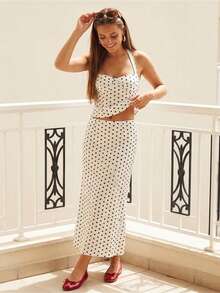 Women Long Skirt Outfit Dot Print Halter Neck Tank Tops And Low Rise Fishtail Skirt 2 Piece Set - White - View 2