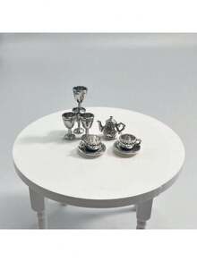 1:12 Mini Tea Set, Metal Mini Teapot, Small Tea Cups, Mini Doll, Dollhouse Accessories - Silver - View 6