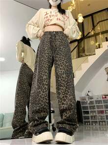 复古美式豹纹宽松直筒牛仔裤