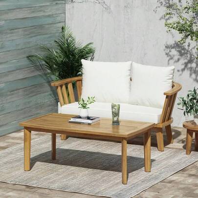 Silla de club de patio de madera de acacia para exteriores, muebles de patio de madera, cojín grueso impermeable, asiento profundo para porche, jardín, patio trasero, balcón, capacidad de peso 400lbs, acabado de teca, blanco P6ZN
