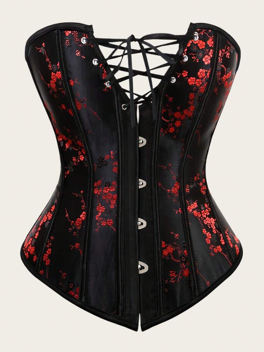 Jutrisujo Women's Corset Bustier Plus Size Brocade Pattern Lace Up Through Top Floral Overbust Halloween Costume Renaissance Black - 6180-Đen - Xem 1