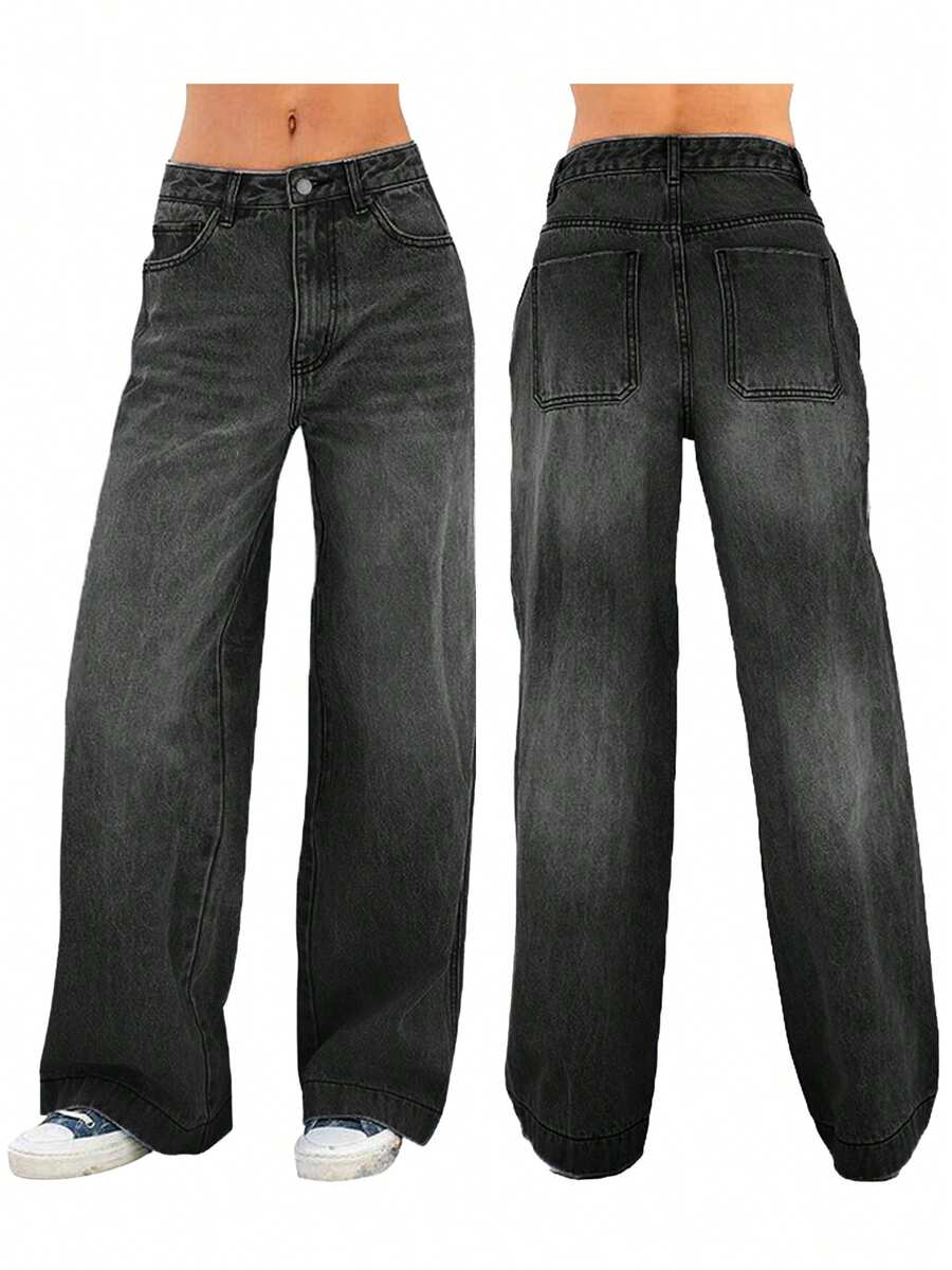Women's 2026 Wide Leg Jeans Distress Mid Waist Denim Pants Vintage Y2K Trousers 90s Baggy Boyfriend Style Denim Pants,Low Rise Loose Fit Jeans - màu đen - Xem 1