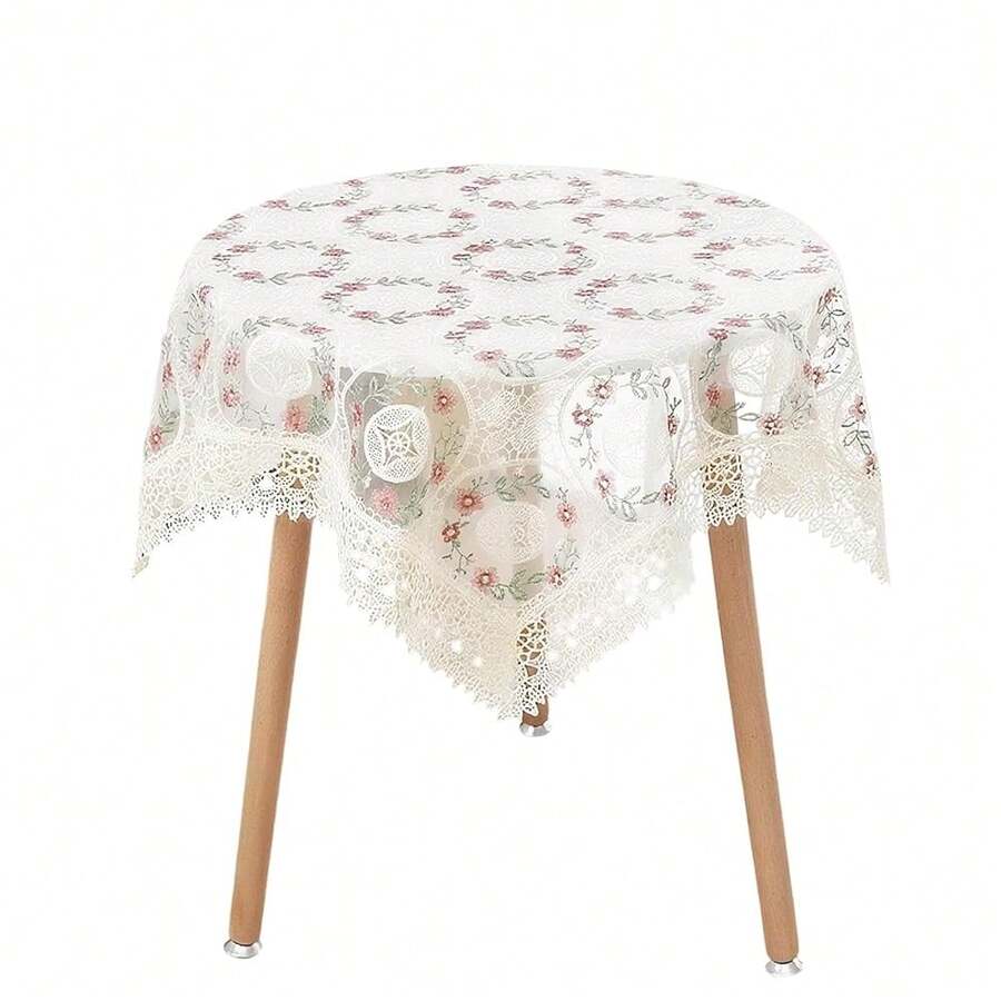Mantel cuadrado de 60 cm de poliéster bordado con flores, para mesa de café redonda o cuadrada, Blanco con flores rojas y hojas verdes - Blanco con flores rojas y hojas verdes - Ver 1