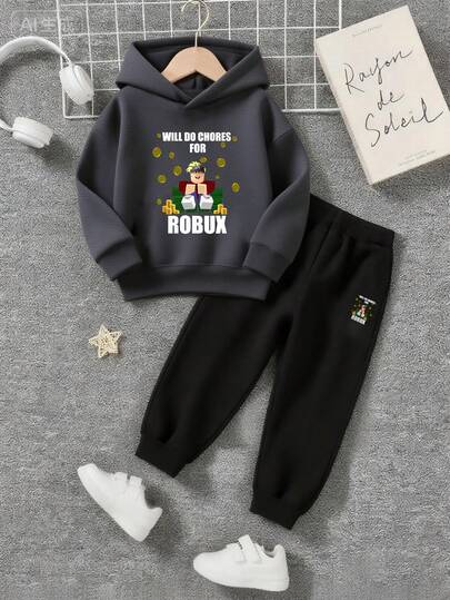 2pcs/Set Tween Boys Casual Printed Hoodie And Sweatpants Set, Warm Thermal Lined Pullover Hoodie And Pants Outfit For Autumn/Winter, Interesting And Colorful Hooded Sweatshirt To Inspire Kids