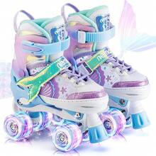 NewNEMONE Mermaid 4 Size Adjustable Light Up Roller Skates For Girls, Purple Blue Skates For Toddlers, Beginner Kids Butterfly Roller Skates Indoor OutdoorSeasonal Gifts - A-美人魚-藍紫色 - 查看 1