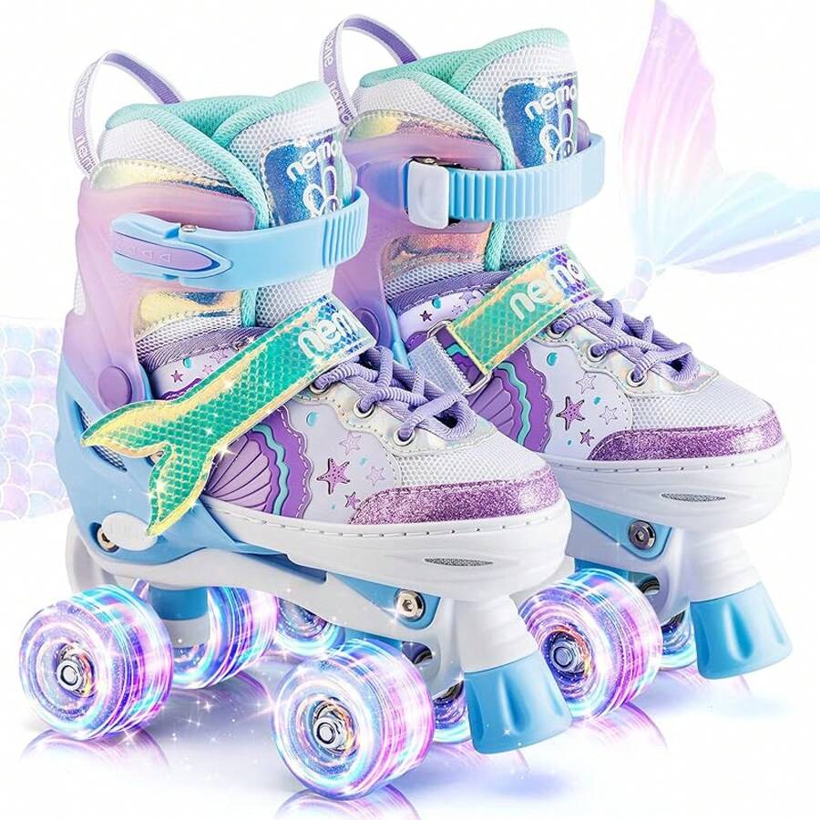 NewNEMONE Mermaid 4 Size Adjustable Light Up Roller Skates For Girls, Purple Blue Skates For Toddlers, Beginner Kids Butterfly Roller Skates Indoor OutdoorSeasonal Gifts - A-美人魚-藍紫色 - 查看 1
