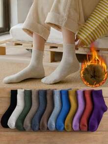 5/10 pares de calcetines de mujer de unicolor con forro térmico grueso y cálido - Multicolor - Ver 1