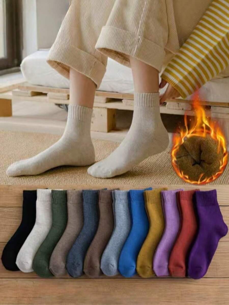 5/10 pares de calcetines de mujer de unicolor con forro térmico grueso y cálido - Multicolor - Ver 1