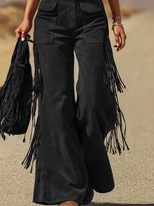 Women's Fashion Elegant Wide Leg Pants Comfortable Tassel Button Back Pants Daily Casual Fall Winter - 黑色 - 查看 5