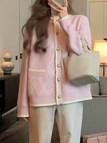 Alicedudu Áo khoác cardigan dệt kim dáng rộng phong cách cổ điển dành cho nữ, họa tiết hình thoi, màu hồng thu đông. - Hồng - Xem 3