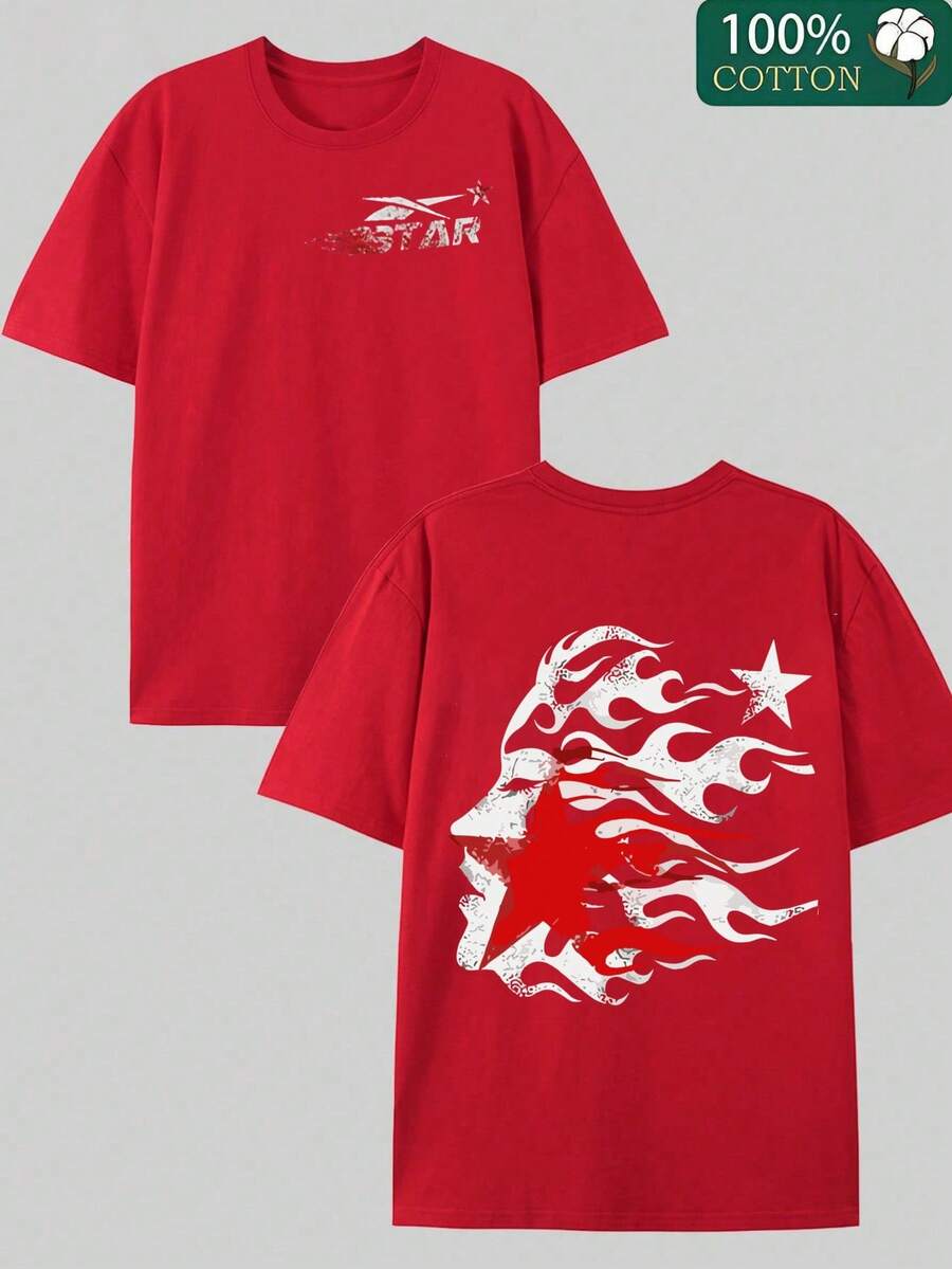 Double-Sided Digital Flame Face Printed T-Shirt With "" Motif Breathable T-Shirt | Avant-Garde Casual Wear 1Pcs Casual Soft Short Sleeve Pure 100% Cotton 220gsm - Đỏ - Xem 1