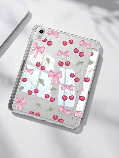 这款樱桃蝴蝶结图案平板电脑保护套兼容 iPad Air 11 英寸 M3 2025 / M2 2024、iPad Air 第五代 2022、iPad (A16) 11 英寸第十一代 2025、三星 Galaxy Tab、Kindle Paperwhite 第十二代 2024，透明背壳，时尚图案保护套，具备自动休眠和唤醒功能，气囊保护，适合作为礼物和办公用品。