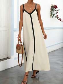 Women's Elegant Sexy V-Neck Tank Strap Color Block Long Vacation Style White Maxi Dress, Spring/Summer - Apricot - View 3