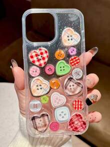 Cute 3D Button Plaid Transparent Epoxy Resin Soft Phone Case, Suitable For IPhone 16/15/14/13 Pro Max/17/17 Pro/17 Pro Max, Fashionable Adorable Shockproof Back Cover For Girls - Multicolor - View 2