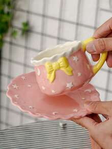 1 Set Healing Starry Sky Ceramic Coffee Cup & Saucer Set, Cute Korean Style Mug, Matching Star & Moon Pattern Coaster, High-Quality Creative Afternoon Tea Cup Suitable For Mint Tea, Latte, Espresso, Americano, Cappuccino, For Home And Restaurant - Multicolor - View 13