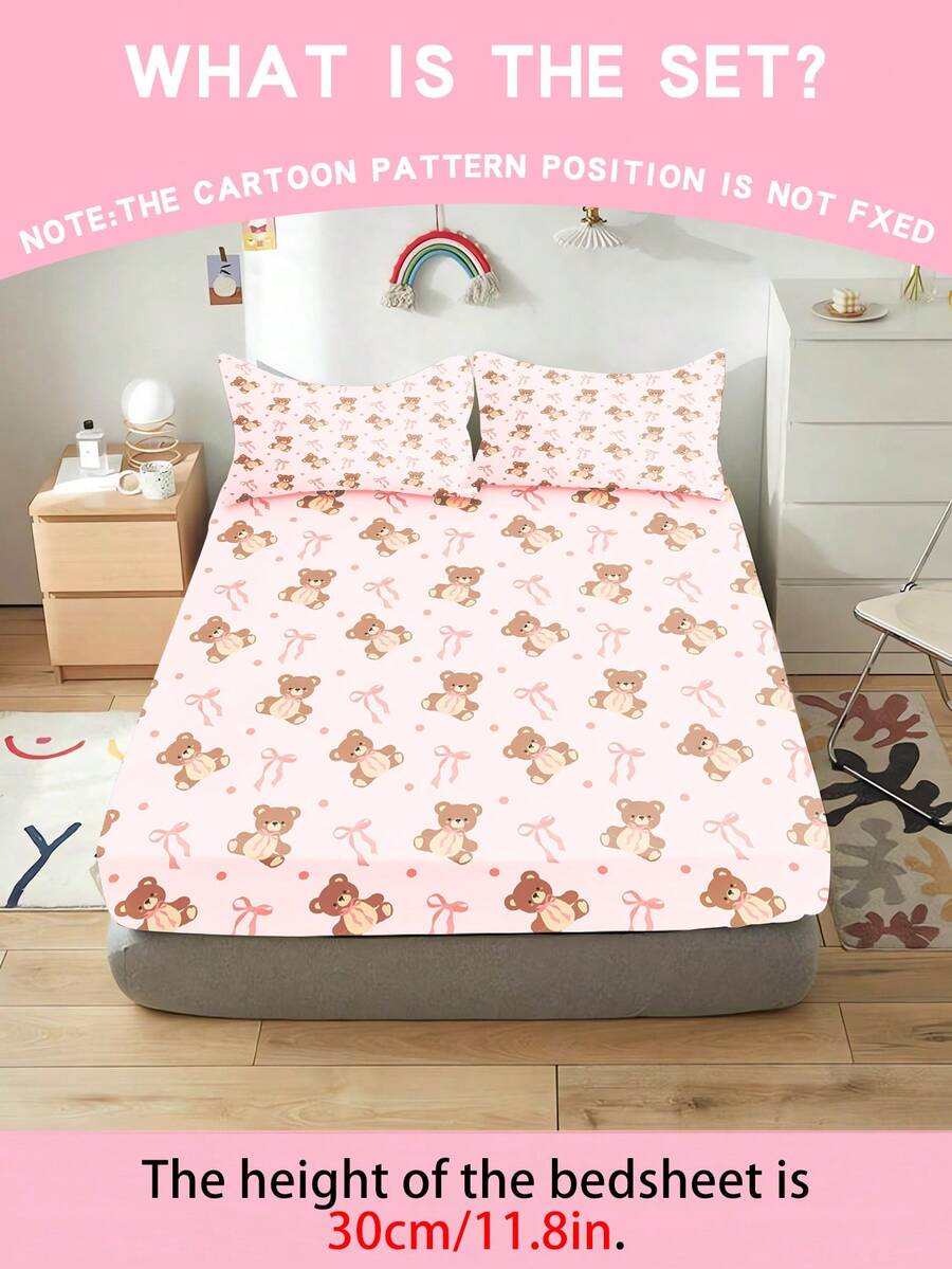 Bộ 3 ga trải giường trẻ em, cao 30cm, làm từ chất liệu polyester in kỹ thuật số họa tiết gấu bông, quà tặng phòng ngủ cho bé trai và bé gái. - Nhiều màu - Xem 1