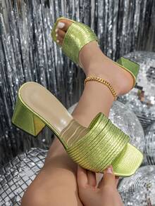 Giày sandal cao gót nữ với quai đan, họa tiết da rắn ánh kim màu trơn, màu xanh lá chanh, kiểu dáng đa năng, gót dày, hở mũi, thích hợp cho hộp đêm, tiệc tùng, kỳ nghỉ, bãi biển, sandal nữ thanh lịch. - màu xanh lá - Xem 4