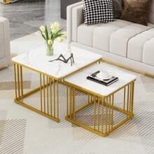 WF326269AAW (Image Change) Set Of 2 Square High-Gloss Marble-Effect Coffee Tables, Nesting Tables With Gold Legs, 60*60*45cm And 45*45*40cm, Versatile Use - White - View 1
