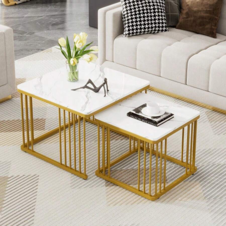 WF326269AAW (Image Change) Set Of 2 Square High-Gloss Marble-Effect Coffee Tables, Nesting Tables With Gold Legs, 60*60*45cm And 45*45*40cm, Versatile Use - White - View 1