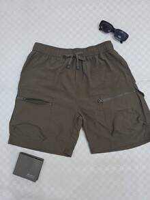 Men's Fleece Shorts / Zippered Pockets / Elastic Waistband - Brown - View 1