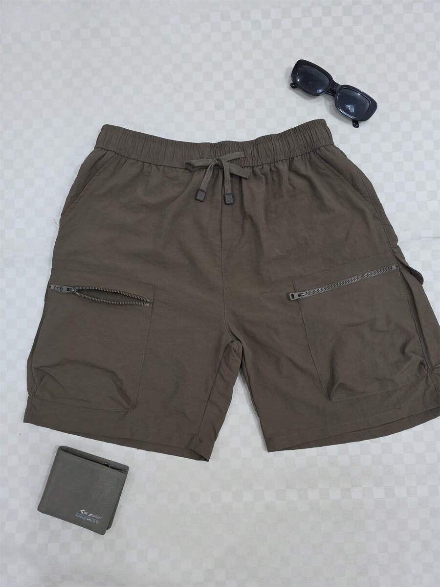 Men's Fleece Shorts / Zippered Pockets / Elastic Waistband - Brown - View 1