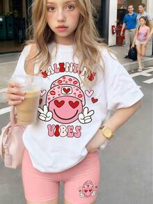 Bộ đồ 2 món phong cách Valentine cho bé gái, áo thun in hình và quần short biker, chất liệu mềm mại và thoải mái, trang phục thường ngày năng động cho tuổi teen. - trắng - Xem 1