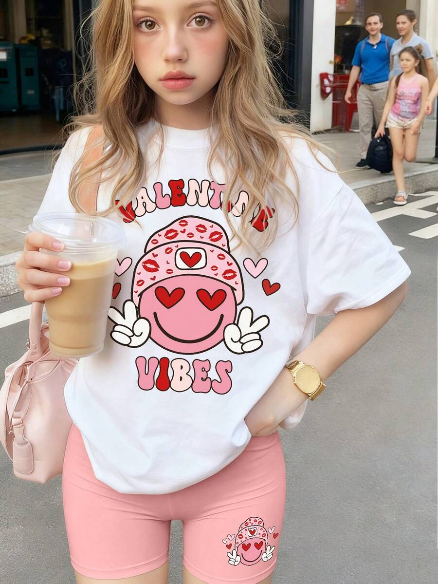 Bộ đồ 2 món phong cách Valentine cho bé gái, áo thun in hình và quần short biker, chất liệu mềm mại và thoải mái, trang phục thường ngày năng động cho tuổi teen. - trắng - Xem 1