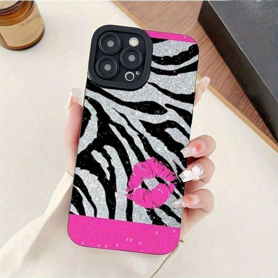 Funda con diseño de labios rosas y estampado de cebra con brillo, para modelos 16/15/14/13/12/11/X/XS - Funda de TPU suave con impresión 3D | Funda protectora delgada | A prueba de golpes y resistente a arañazos | Perfecta para el trabajo y los regalos - Negro - Ver 1