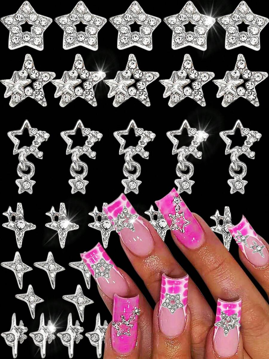 30件/包 新款Y2K风格银合金水钻五角星、十字架、北极星美甲装饰套装，无异味3D美甲合金五角星贴纸、吊坠，DIY假指甲、手机壳、手工装饰配件、美甲宝石、水钻和装饰珠宝礼品 - 銀色 - 查看 1