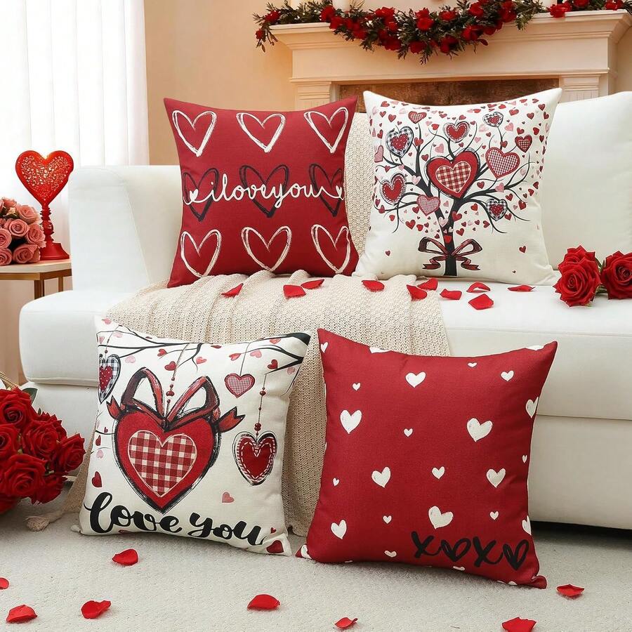 4PCS Valentine's Day Love You Pillowcase, Valentine's Day Wedding Red Heart Home Sofa Cushion Cover, Single-Sided, Pillow Not Included - Red - View 1