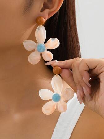 1对/2件 优雅时尚创意透明亮面多色树脂五瓣花吊坠耳环，适合女性日常百搭首饰配饰