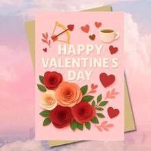 1pc Happy Valentine's Day Roses And Coffee Cupid Card Greeting Card With Envelope Romantic Floral Heart Design Perfect Card For Valentine's Day Celebrations, Ideal For Friends, Colleagues, Partners, Sending Love And Warm Wishes - Multicolor - View 7