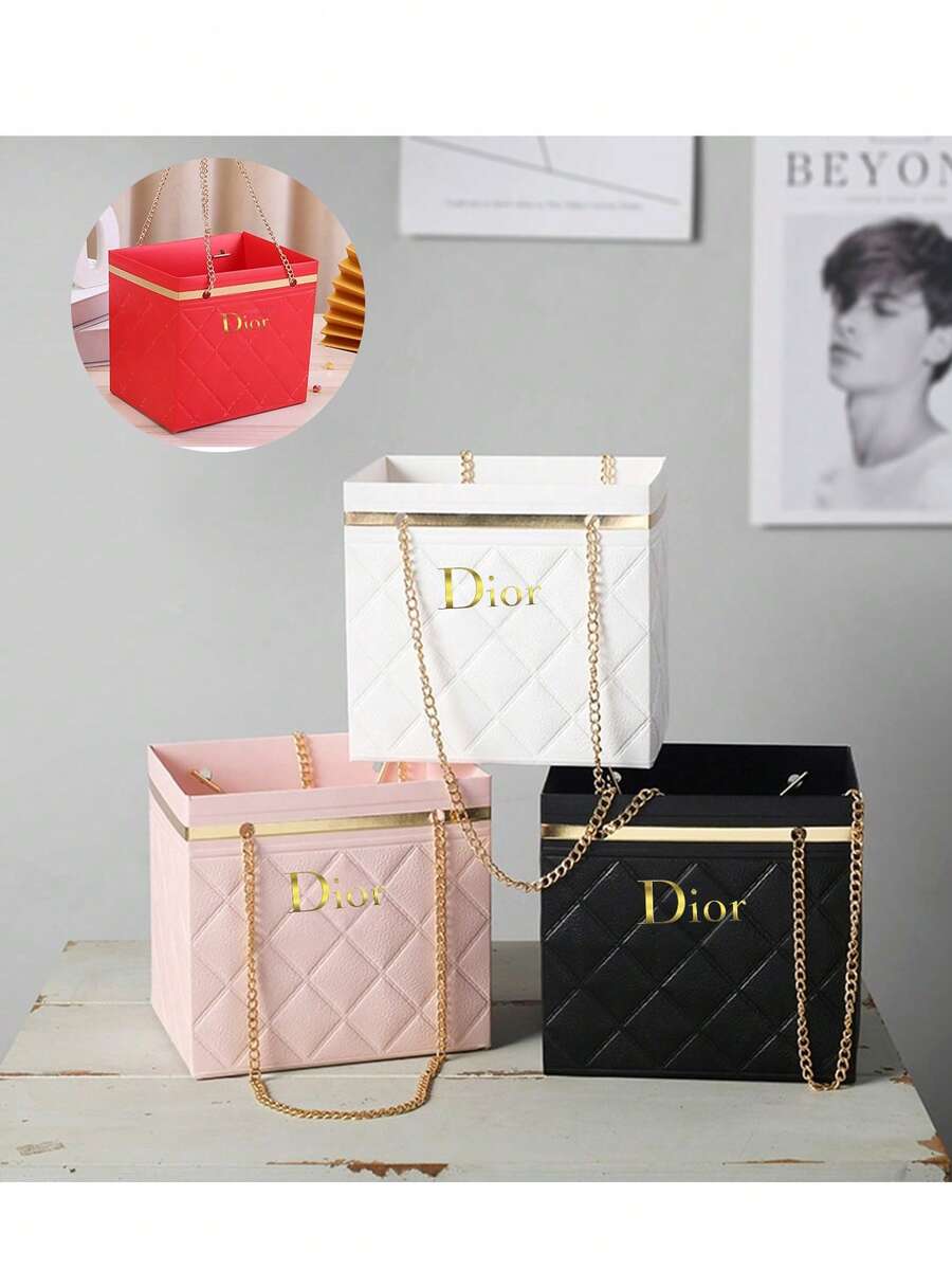 Foldable Handheld Flower Box, Rhombus Chain Pattern Gift Bag, High-End Reusable Hard Gift Box Bag, Suitable For 520 Valentine's Day, Mother's Day, Birthday, Wedding Romantic Flower Bouquet Packaging And Holiday Gifts