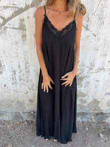 Damen Sommer Casual Strand Urlaub Stil einfarbiges Kontrast Spitze Lose Trägerkleid Schwarz Elegant - Schwarz - Übersicht 1