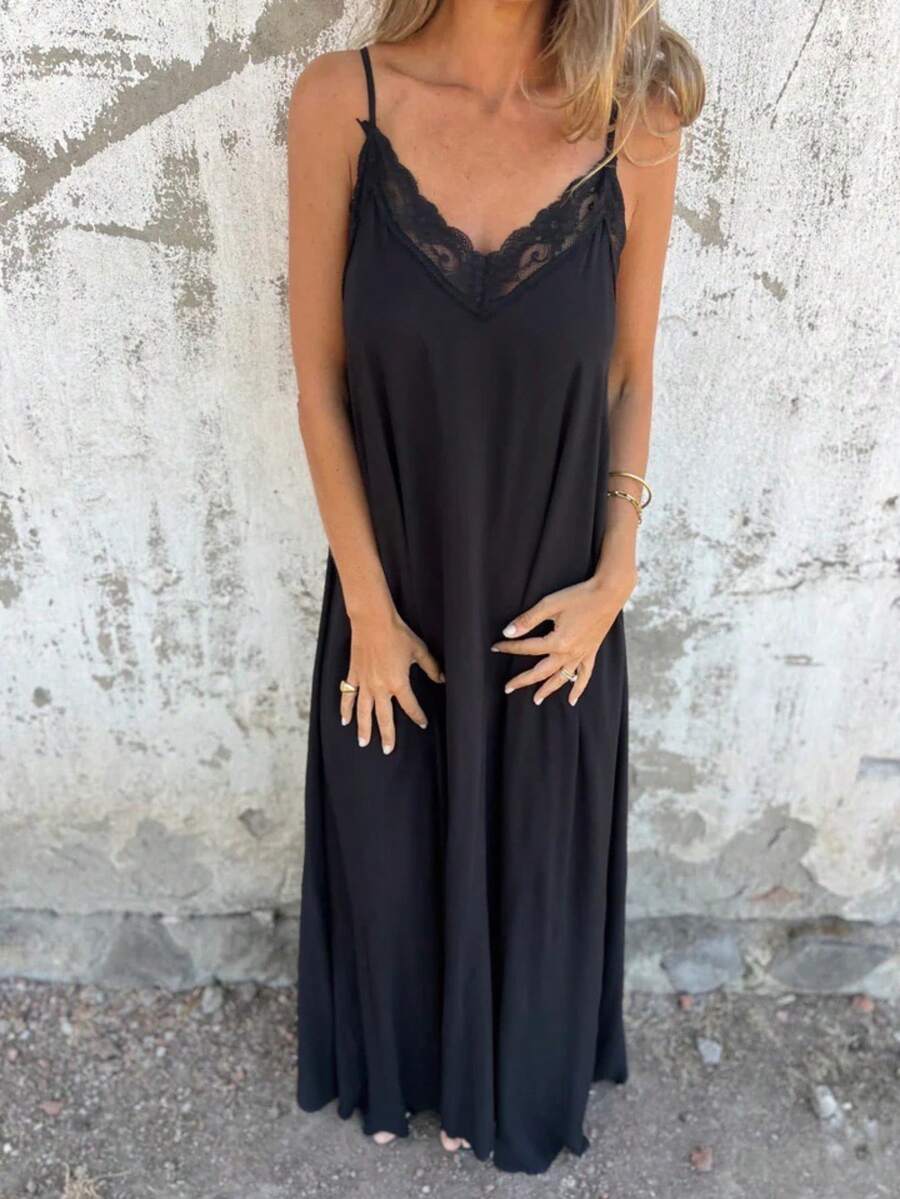Damen Sommer Casual Strand Urlaub Stil einfarbiges Kontrast Spitze Lose Trägerkleid Schwarz Elegant - Schwarz - Übersicht 1