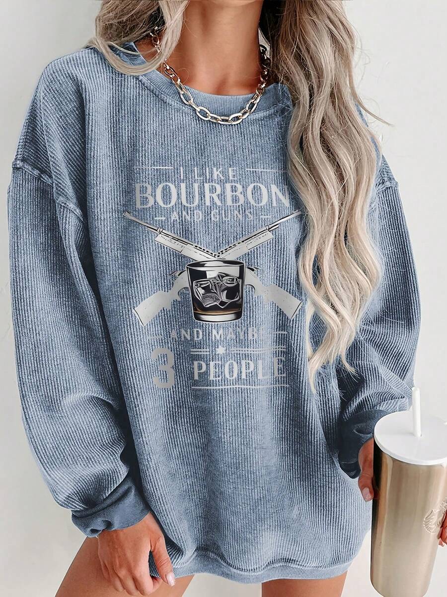 New Years Outfit Women - I LIKE BOURBON AND GUNS Women Oversized Long - Sleeve Sweatshirt, Textured Pattern Graphic Design With White Text & Illustrations (Crossed Rifles, Bourbon Glass, 'AND MAYBE 3 PEOPLE'), Casual Pullover Top For Girls, Black Christmas Outfit Women,Winter Clothes For Women,Christmas - 藍色 - 查看 1
