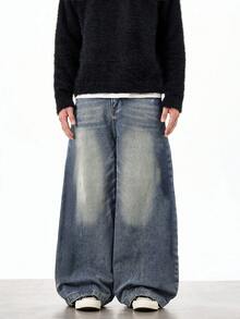 1件 Justice Brother 复古水洗宽松阔腿牛仔裤，休闲情侣款（破洞裤脚） - 藍色 - 查看 5