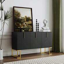 Modern 3-Door Sideboard With Adjustable Shelves, U-Shaped Cabinet Doors, Metal Handles And Base For Dining Room And Kitchen (Navy Blue) - 黑色 - 查看 2