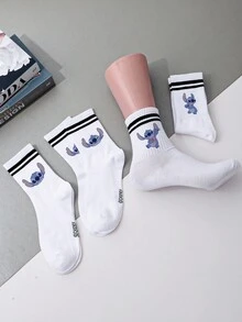 5/1 Double Stitch Cute Cartoon Pattern Middle Socks With Sports Stripe Design, Made Of Polyester Fiber Material, Cute Cartoon Pattern, Fashionable, Casual And Breathable, Suitable For Daily Wear, School Season And Holiday Gifts. - Multicolor - View 5