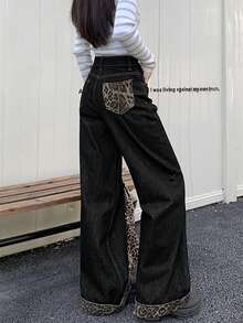 Celana Jeans Wanita Kasual Motif Leopard Warna Kontras dengan Saku, Resleting dan Kancing, Cocok untuk Pemakaian Sehari-hari di Semua Musim Hitam Musim Semi Musim Gugur - Hitam - View 1
