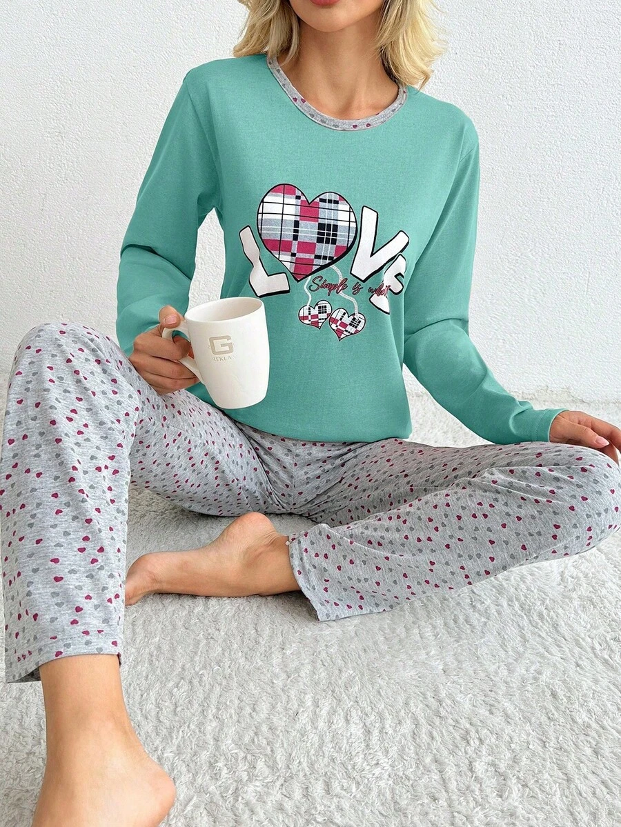 100% Cotton 2Pcs Eye&Heart Printed PJ Set - Mint Green - View 1