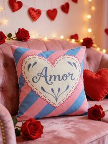 1pc Amor Heart Embroidered Throw Pillow Cover, Romantic Home Decor Cushion Cover For Sofa, Pink & Blue Striped - Powder Blue - View 7