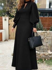 Plus Size Women Elegant Business Crew Neck Hollow Design Party Lantern Sleeve Button Stretch Black Dress, Autumn/Winter