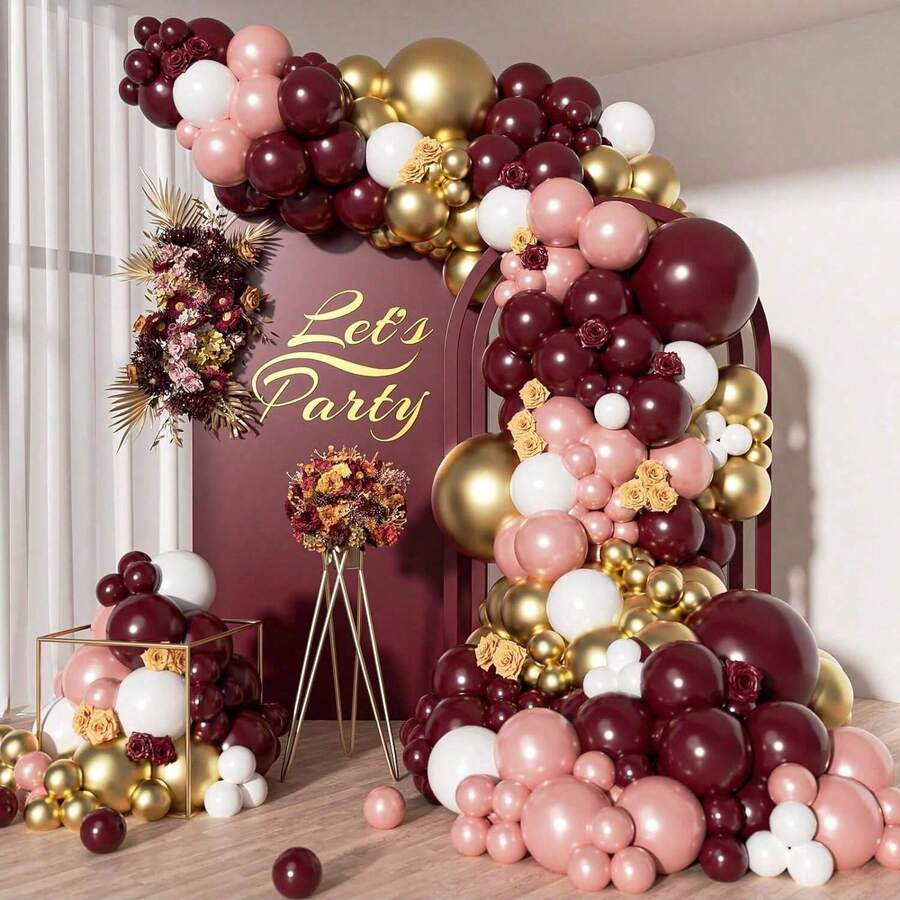96pcs Burgundy Gold And Blush Pink White Balloon Arch Kit For Birthday, Wedding, Bridal Shower, Gender Reveal, Baby Shower, And Party Decorations. Elegant Metallic Mix With Soft Tones Creates A Luxurious Romantic Atmosphere, Perfect For DIY Garland, Backdrops, And Event Styling - Burgundy - View 1