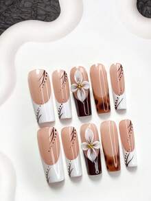 10pcs Handpainted Autumn Acrylic Nail Art Set, Includes Press-On Nail Stickers, Almond-Shaped Nail Stickers, Square Nail Stickers, Duck Bill Nail Stickers, White & Brown Gel Nail Stickers, Leopard Print Nail Stickers, Pinched Flower Nail Accessories With Golden Beads, Comes With Tool Kit, Suitable For Women & Girls, Perfect For Daily Photos, Essential For Autumn/Winter Nails Nail Supplies - Nhiều màu - Xem 15