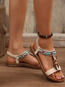 Sandalias de cuña con cuentas y cristales de estilo bohemio con suela blanda antideslizante para mujer, verano 2025 - Beis - Ver 7