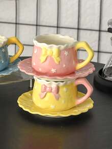 1 Set Healing Starry Sky Ceramic Coffee Cup & Saucer Set, Cute Korean Style Mug, Matching Star & Moon Pattern Coaster, High-Quality Creative Afternoon Tea Cup Suitable For Mint Tea, Latte, Espresso, Americano, Cappuccino, For Home And Restaurant - Multicolor - View 6