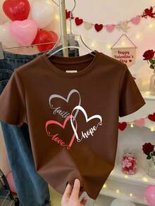 Camiseta holgada  con estampado de corazones y texto Faith Love Hope para mujer ideal para uso casual y deportivo - Marrón - Ver 2